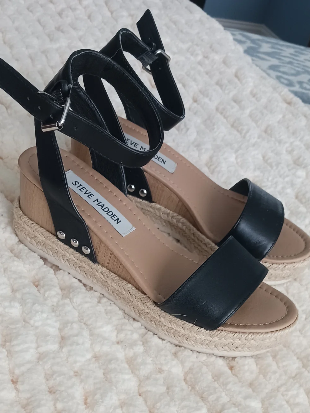 Steve Madden Black Ankle-Strap Espadrille Wedge Sandals
